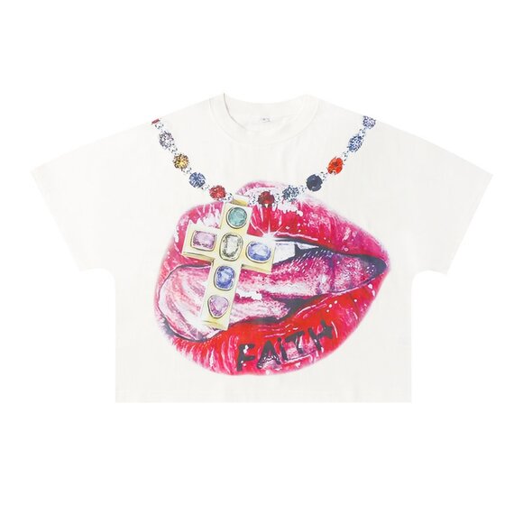 Billionaire Studios Glamorous Faith Lips Cross Graphic Crop Tee